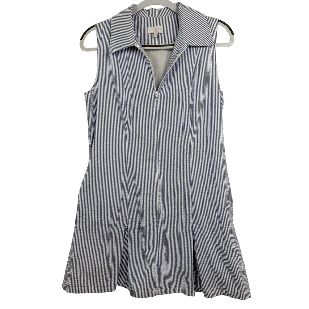 JW Reilly Seersucker Zip Front Dress L Blue White Stripe